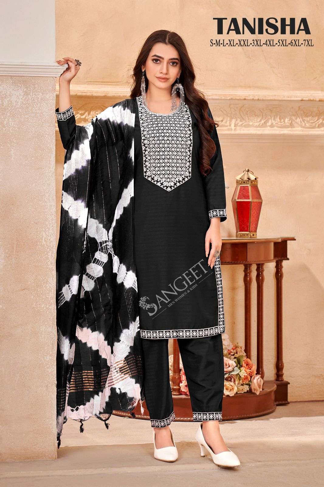 TANISHA VISCOSE RAYON WHITE EMBROIDERY SEQUENCE WORK KURTI WITH PANT AND CORONA SHADED DUPATTA BY SANGEET BRAND 1004